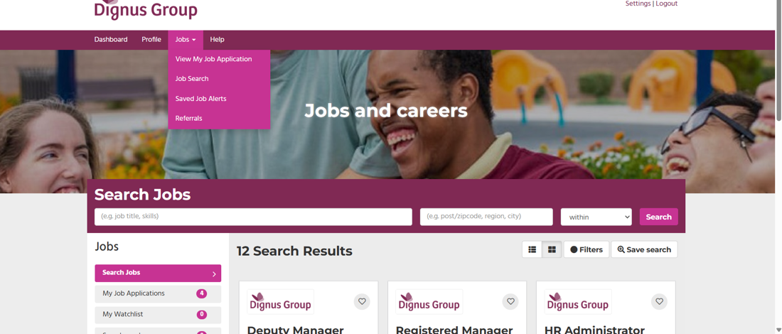 Careers portal Jobs menu with Job Search highlighted in the dropdown