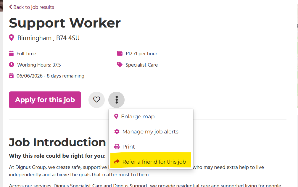 Vacancy page with the three-dots menu open and Refer a friend for this job highlighted